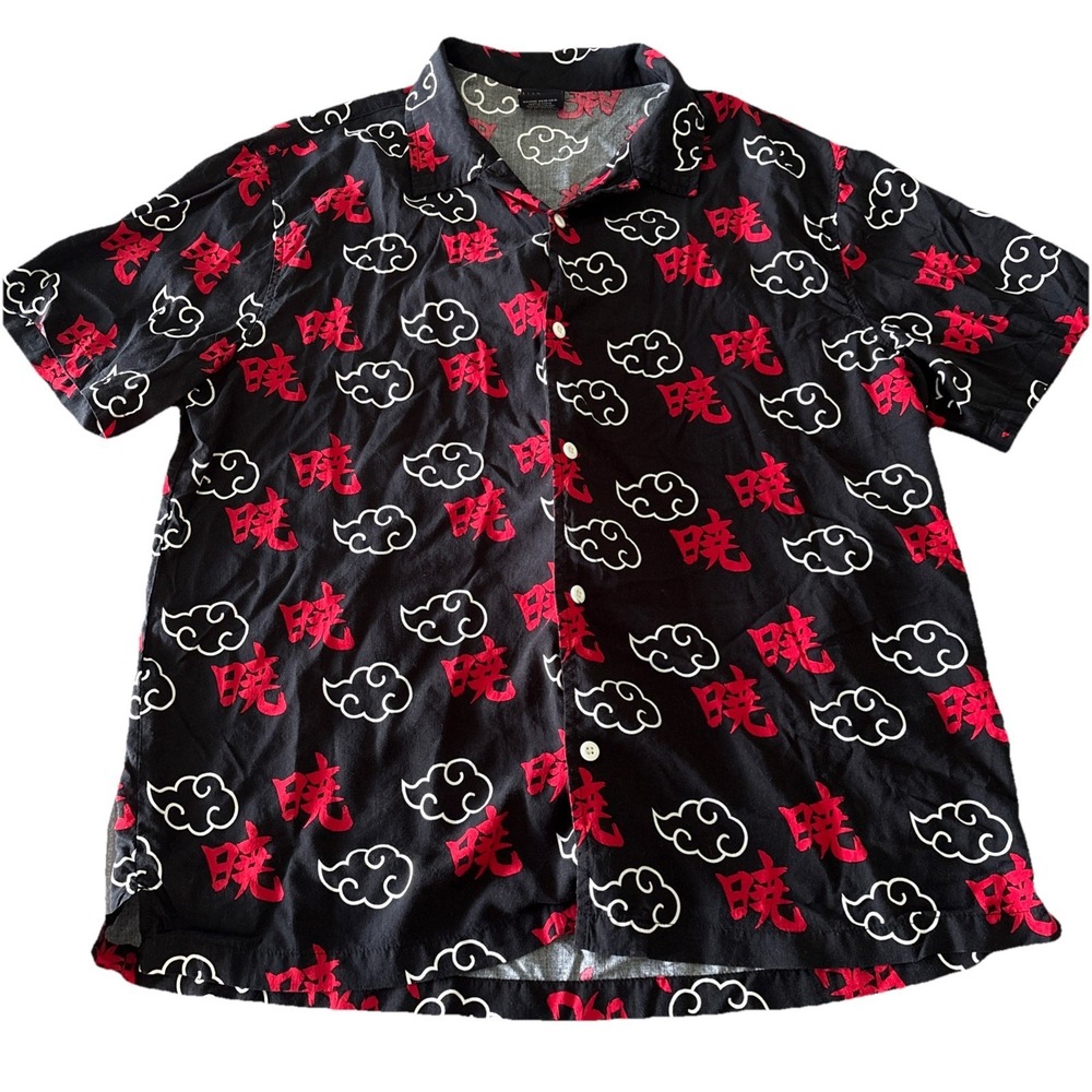 Naruto Shippuden Akatsuki Cloud Shirt Mens L Black Red Button-Up 100% Rayon